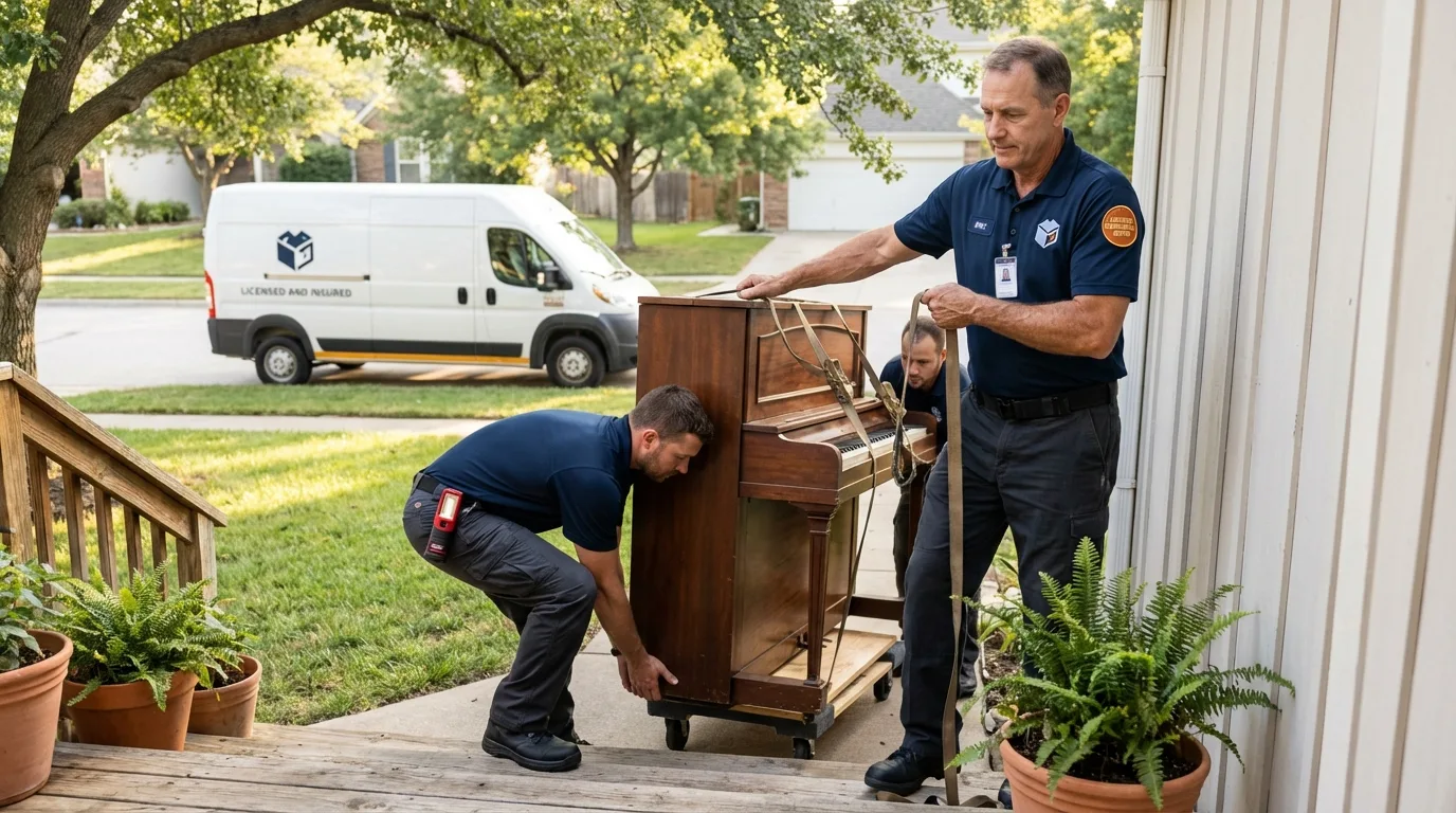 Licensed piano movers securing grand piano in Sparta, MO