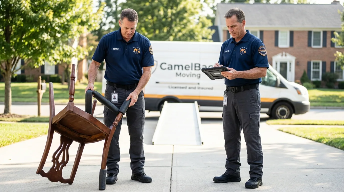 Movers inspecting furniture for damage prevention before loading in Sparta, MO